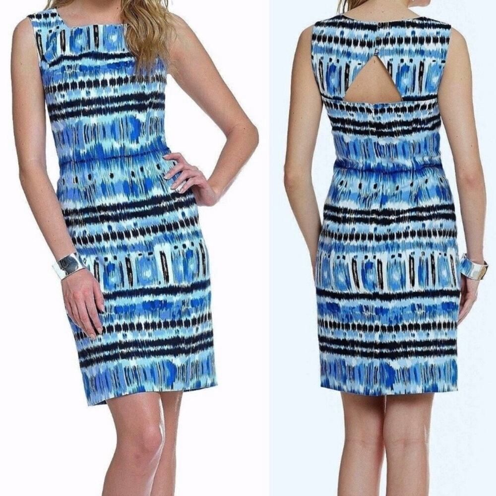 Tahari Arthur S. Levine Blue Ikat Print Linen Blend Dress Size 10